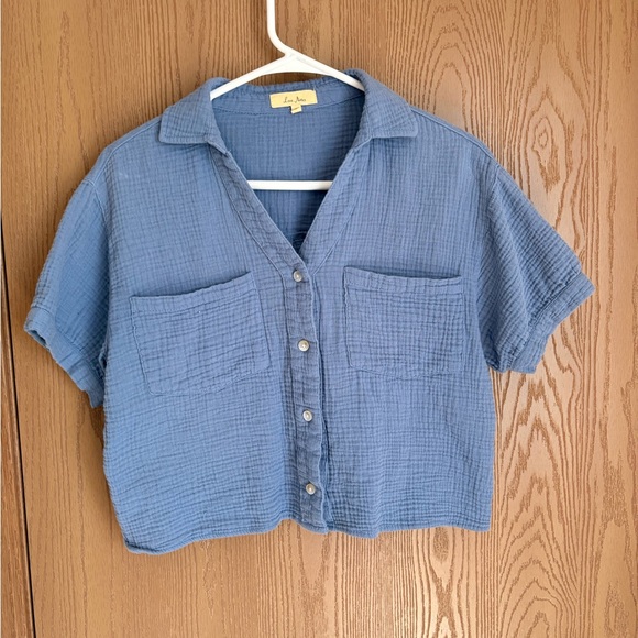 Love Notes Tops - Love Notes Blue Short-Sleeve Gauze Button-Down Shirt